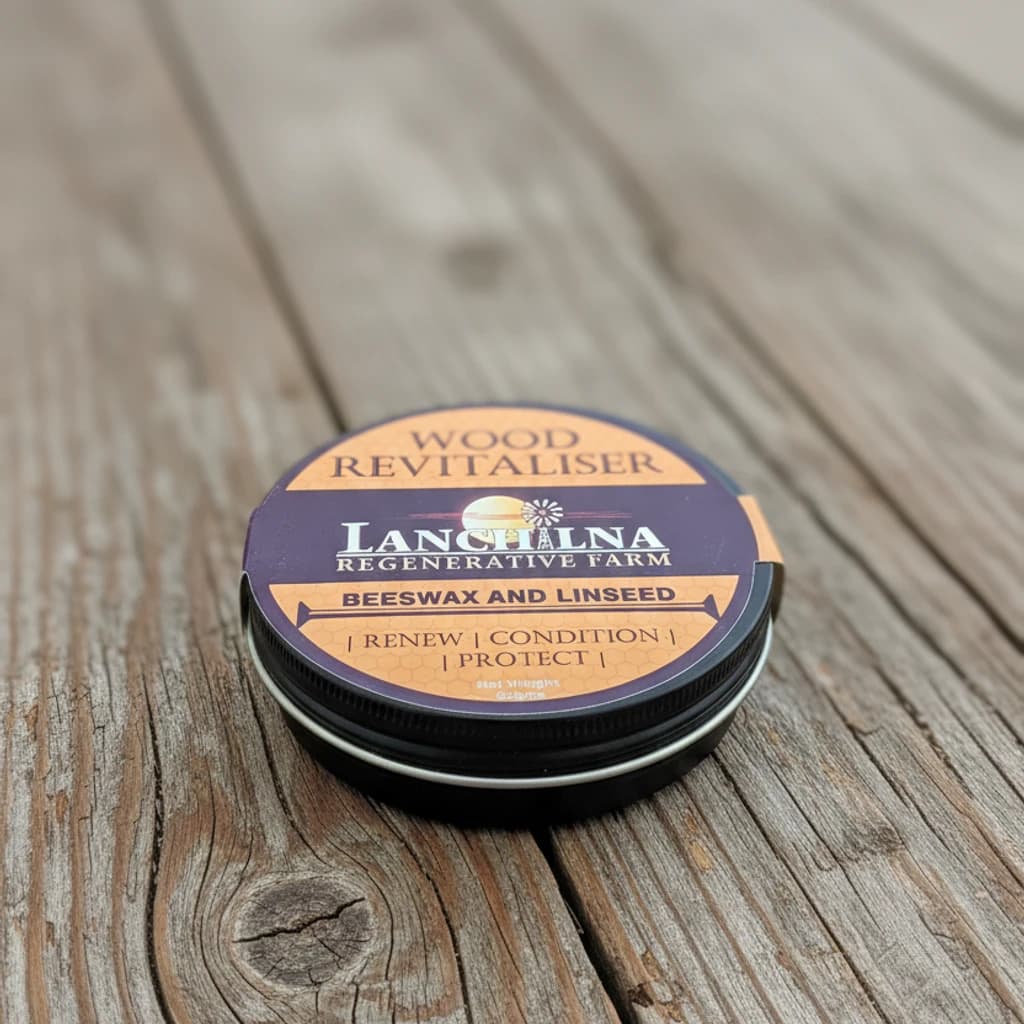 Tin of Beeswax Wood Revitaliser on a wooden surface. The label features the text "Languard Regenerative Farm" and "Beeswax and Linseed," with phrases "Renew," "Condition," and "Protect." The packaging is purple and orange.
